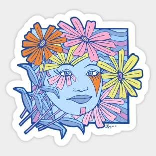 Wavy Square with woman's face and pastel colored daisies Sticker